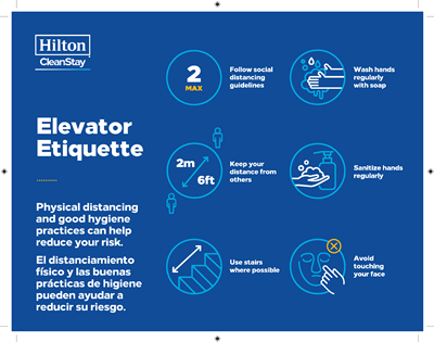 Dual Language Hilton CleanStay Elevator Etiquette Stickers