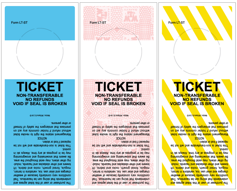 Ski lift tickets in 7 different colors with 21 possible color combinations. 
Part Number: FG-SKI-LTS