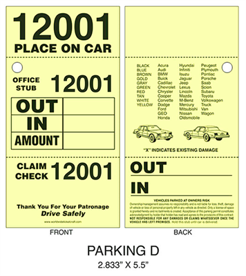 3 Part Valet Parking Ticket D